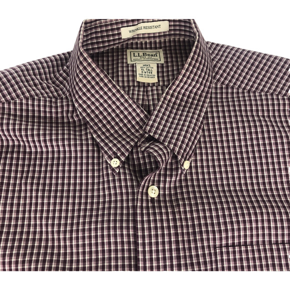 LL Bean Mens Shirt XLT Button Up Long Sleeve Purple Checkered Plaid Chest Pocket - Picture 2 of 12